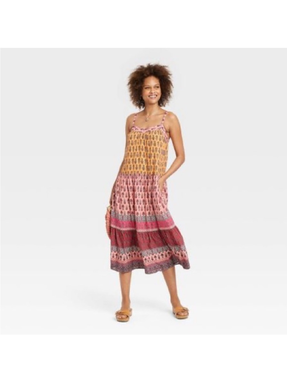 Knox Rose Mustard Yellow Rose Pink Floral Boho Tiered Midi Dress XL